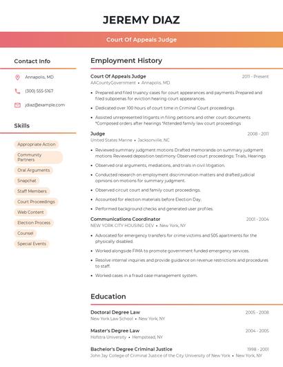 Court Of Appeals Judge Resume