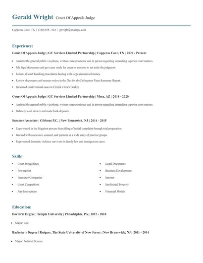 Court Of Appeals Judge Resume