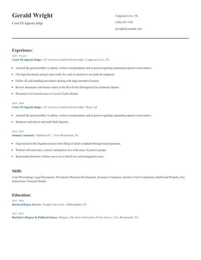 Court Of Appeals Judge Resume