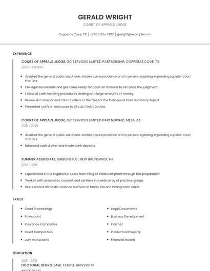 Court Of Appeals Judge Resume