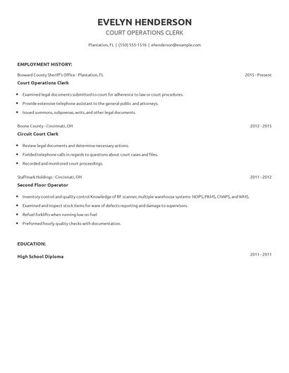 Court Operations Clerk Resume