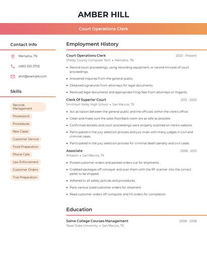 Court Operations Clerk Resume