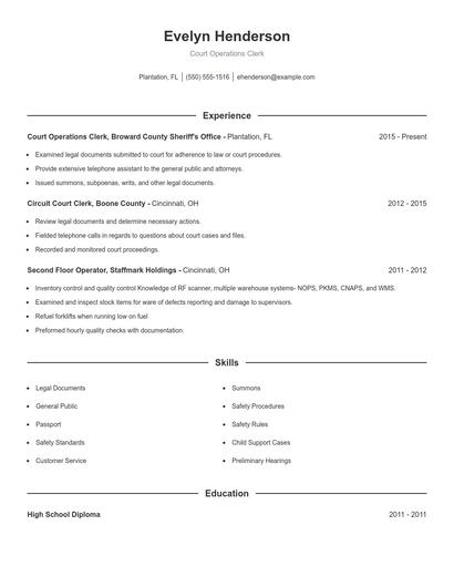 Court Operations Clerk Resume