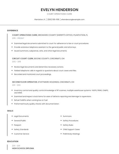 Court Operations Clerk Resume