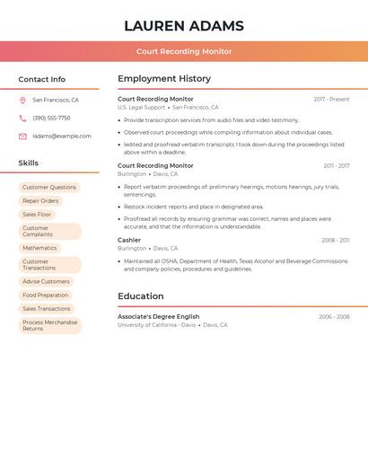 Court Recording Monitor Resume