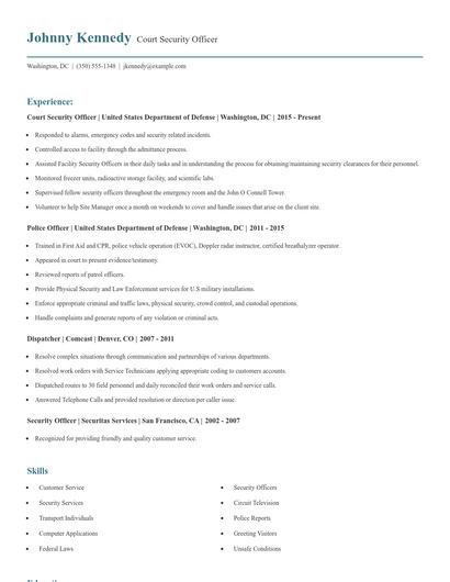 Court Security Officer Resume