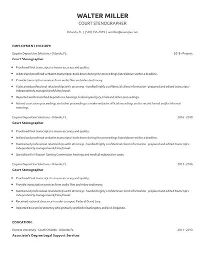 Court Stenographer Resume