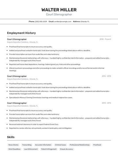 Court Stenographer Resume