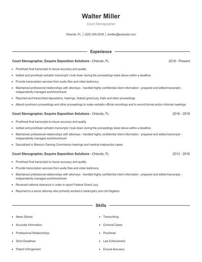 Court Stenographer Resume