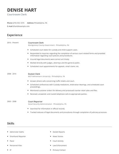 Courtroom Clerk Resume