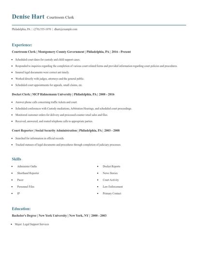 Courtroom Clerk Resume