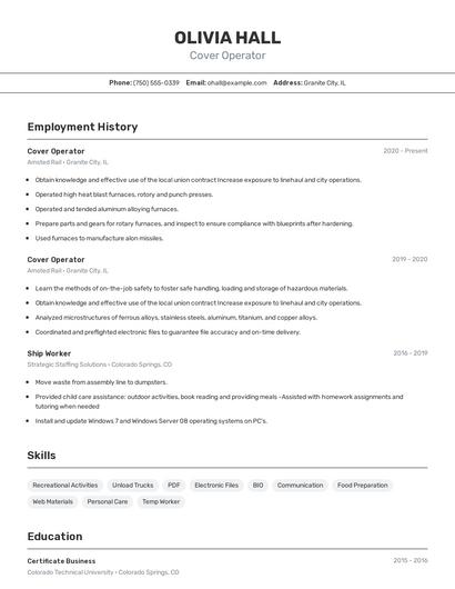 Cover Operator Resume