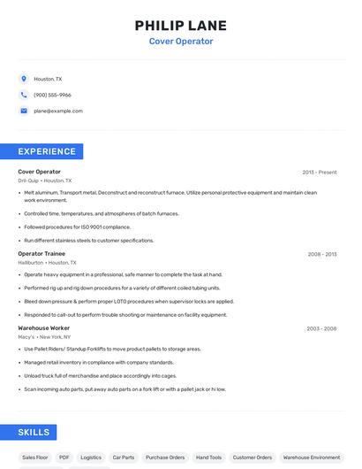 Cover Operator Resume