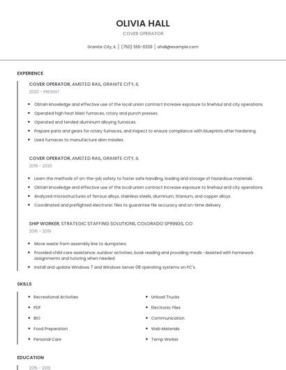 Cover Operator Resume