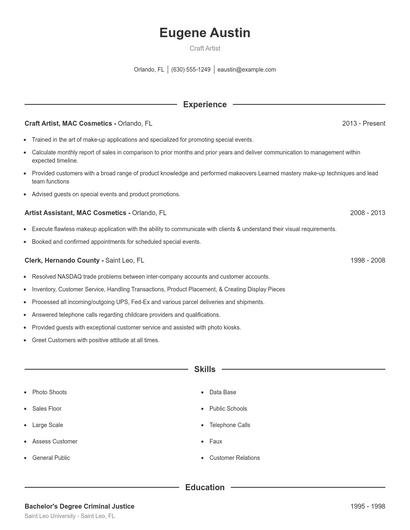 Craft Artist Resume