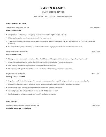 Craft Coordinator Resume