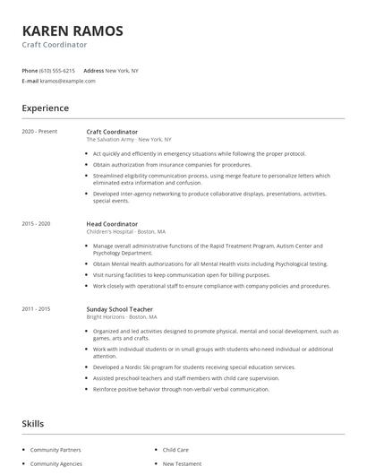 Craft Coordinator Resume