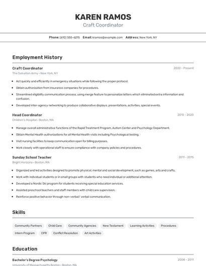 Craft Coordinator Resume