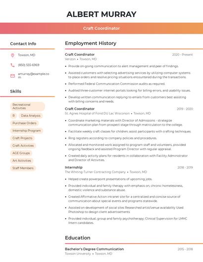 Craft Coordinator Resume