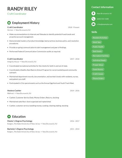 Craft Coordinator Resume