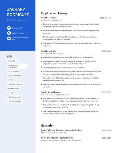 Craft Coordinator Resume
