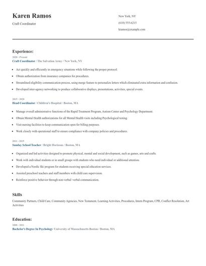 Craft Coordinator Resume
