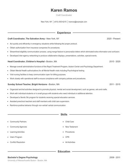 Craft Coordinator Resume