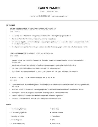 Craft Coordinator Resume