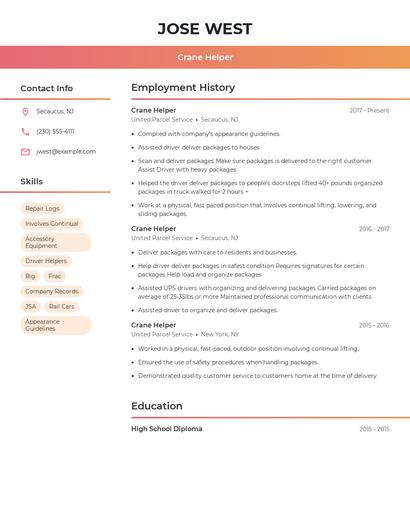 Crane Helper Resume