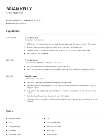 Crane Mechanic Resume