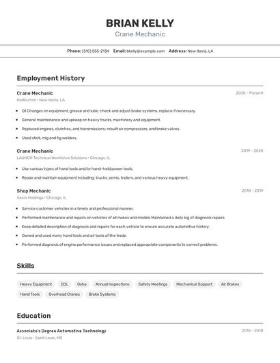 Crane Mechanic Resume