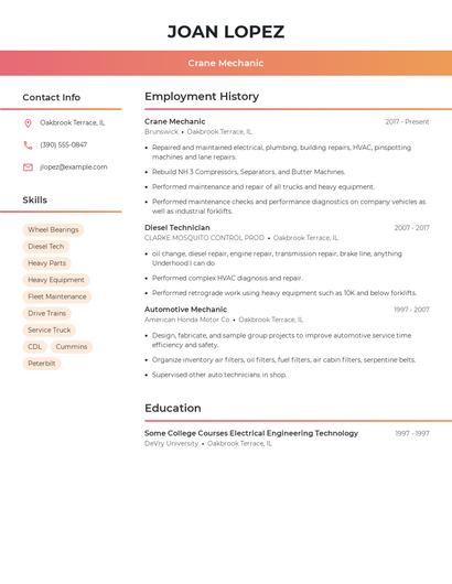 Crane Mechanic Resume