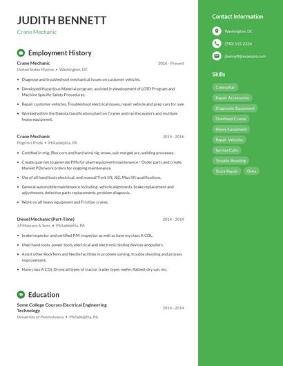 Crane Mechanic Resume