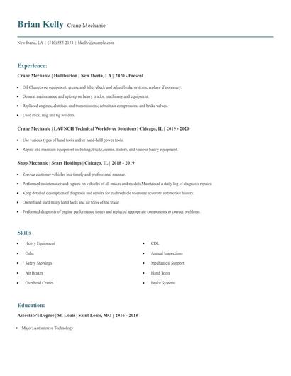 Crane Mechanic Resume