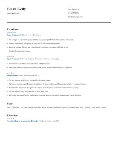 Crane Mechanic Resume