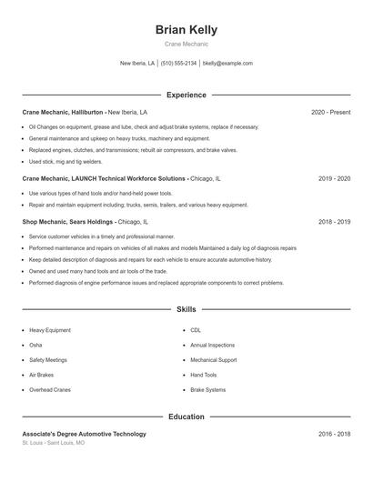 Crane Mechanic Resume