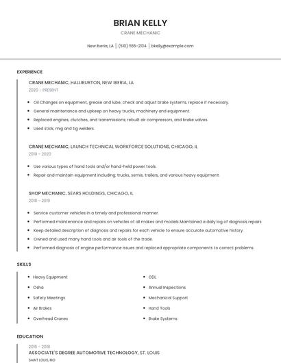 Crane Mechanic Resume