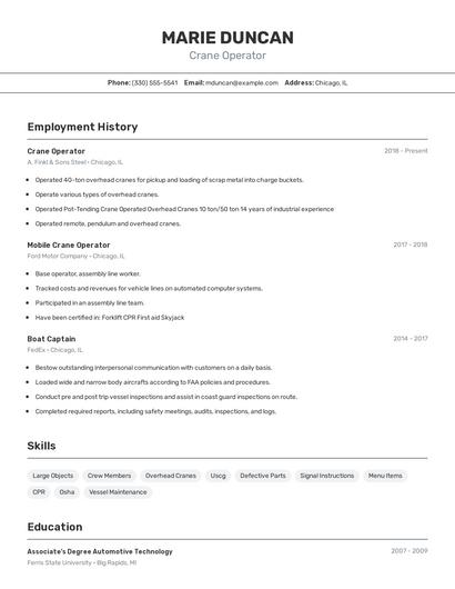 Crane Operator Resume