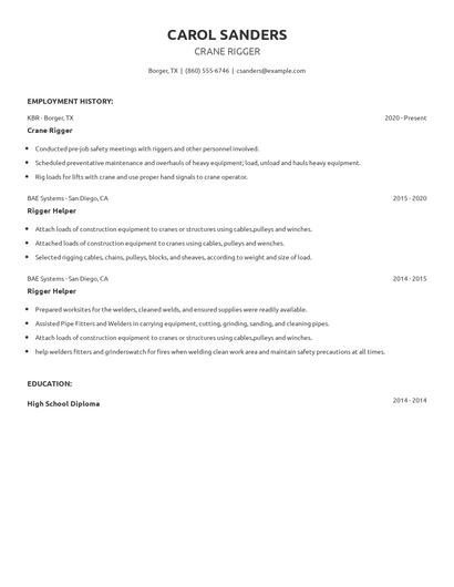 Crane Rigger Resume
