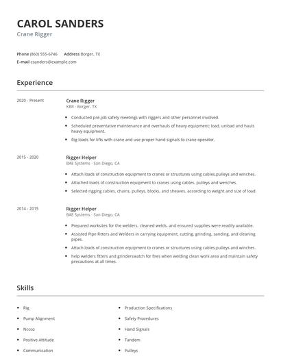 Crane Rigger Resume