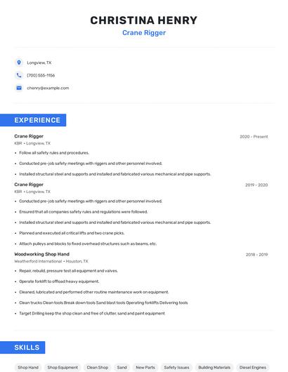 Crane Rigger Resume