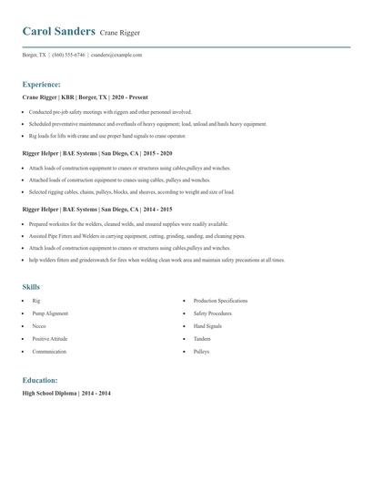 Crane Rigger Resume