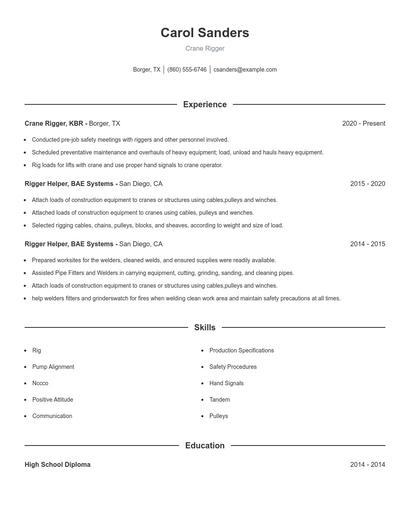 Crane Rigger Resume