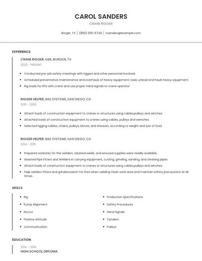 Crane Rigger Resume