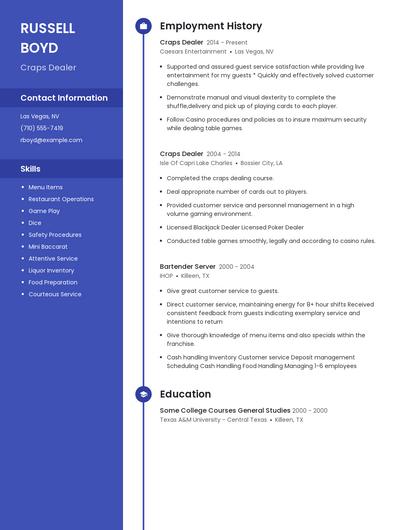 Craps Dealer Resume