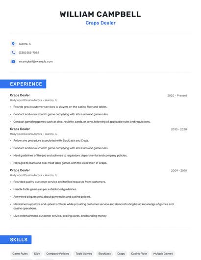Craps Dealer Resume