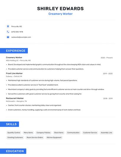 Creamery Worker Resume