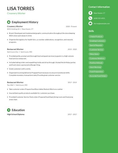 Creamery Worker Resume