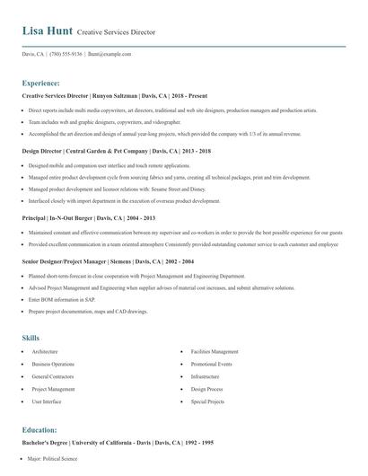 Creative Services Director Resume