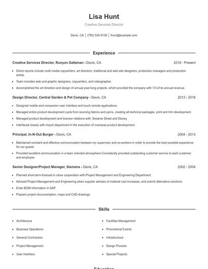 Creative Services Director Resume